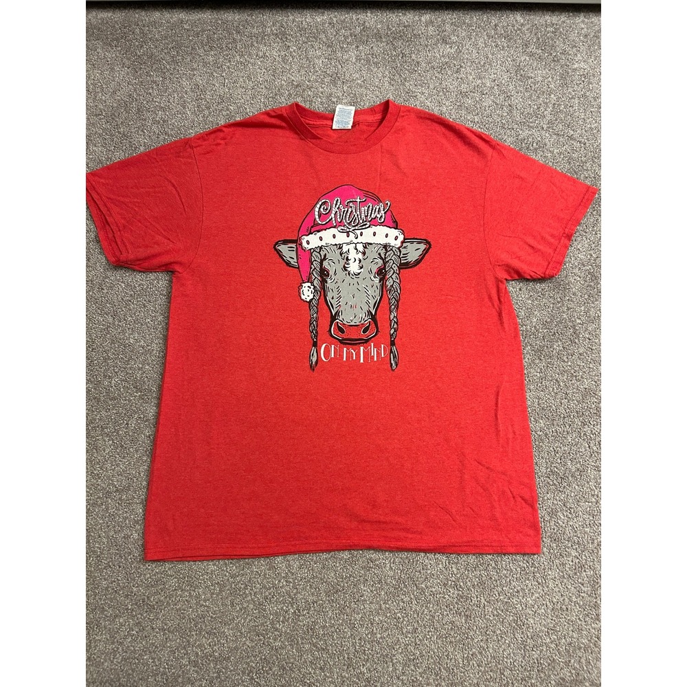 VTG Christmas Cow Graphic Tee Adult Large Red Excellent Short Sleeve T-Shirt
